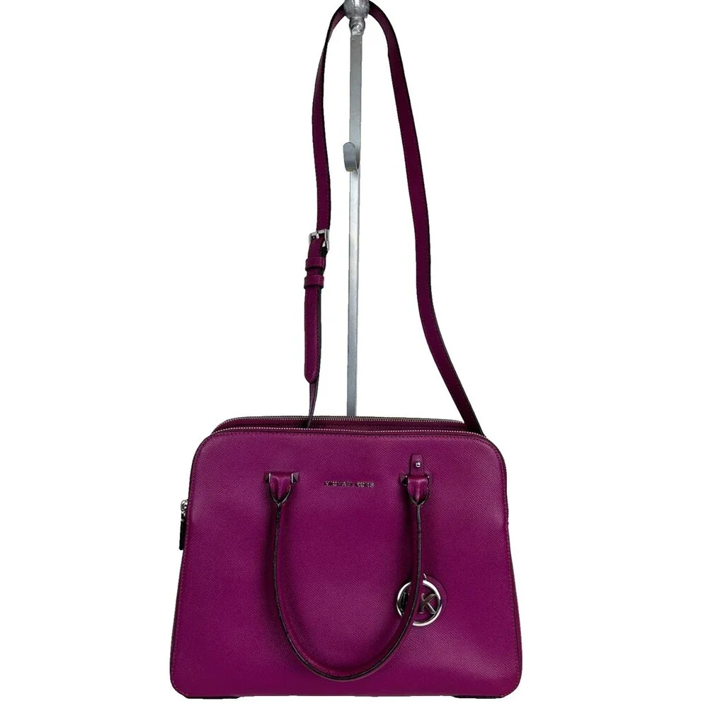 Michael Kors Houston Double Zip Crossgrain Leather Satchel Crossbody Bag Garnet